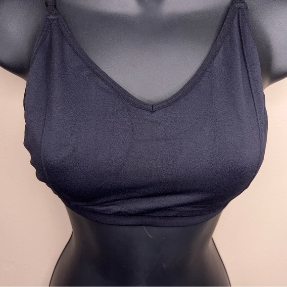 XS Black Strappy Bra Wireless Vneck Style Stretch Unlined Goth Casual - Picture 2 of 7